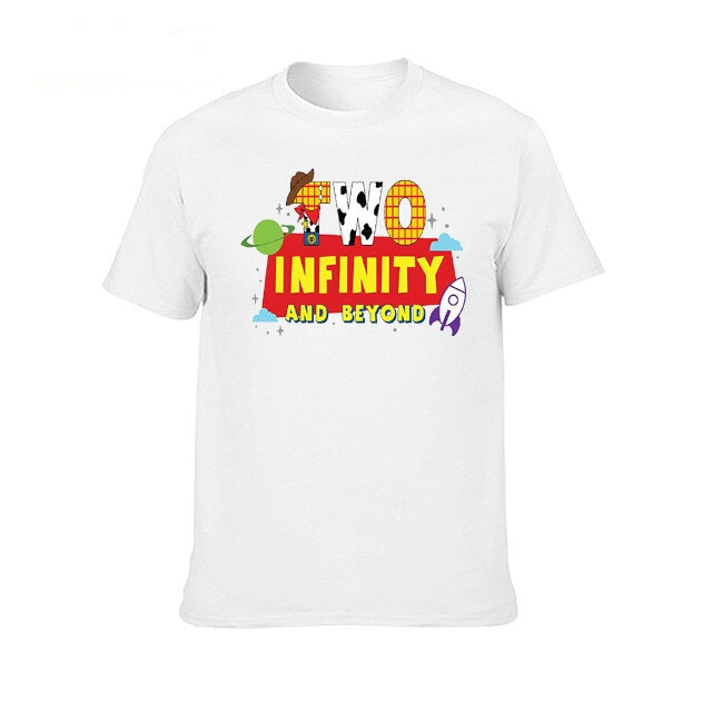 Two infinty and beyond shirt with kids custom name free on back or arm T Shirt Rack